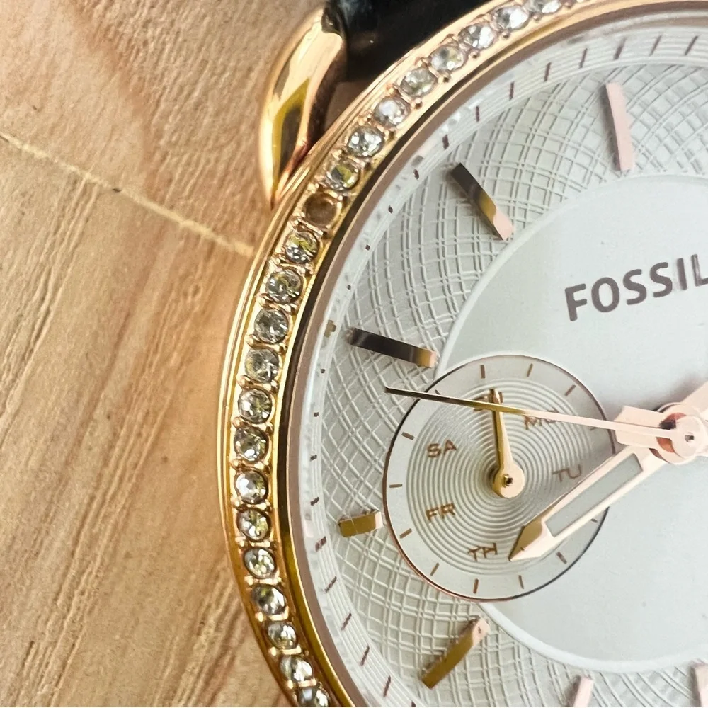 Fossil Tailor ladies rose gold tone leather dress watch NEW BATTERY